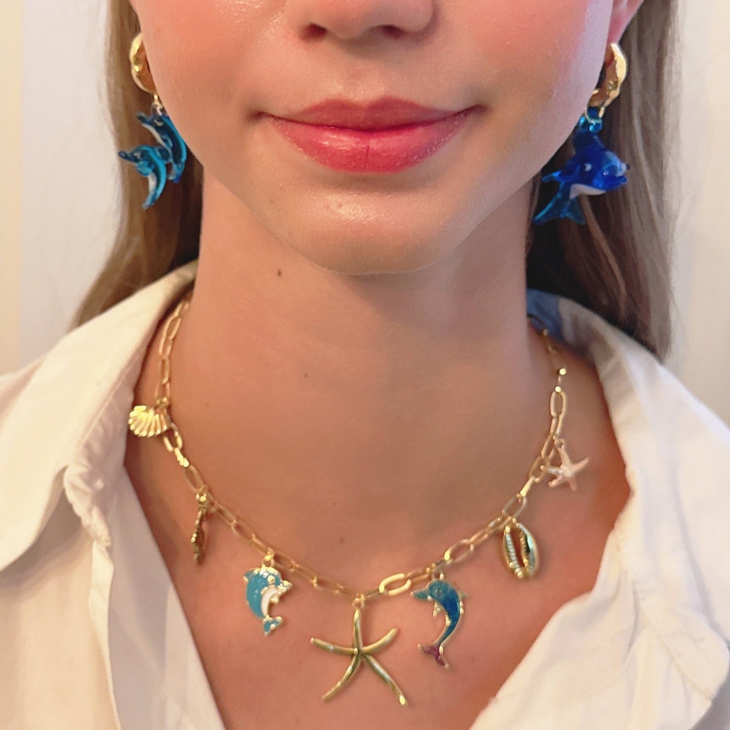 Ocean Play Charm Necklace – Dolphin, Starfish & Shell