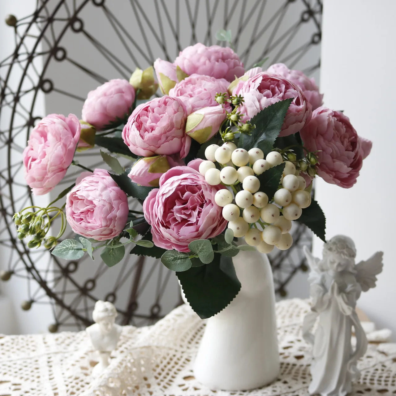 30cm Rose Pink Silk Peony Artificial Flowers Bouquet 5 Big Head and 4