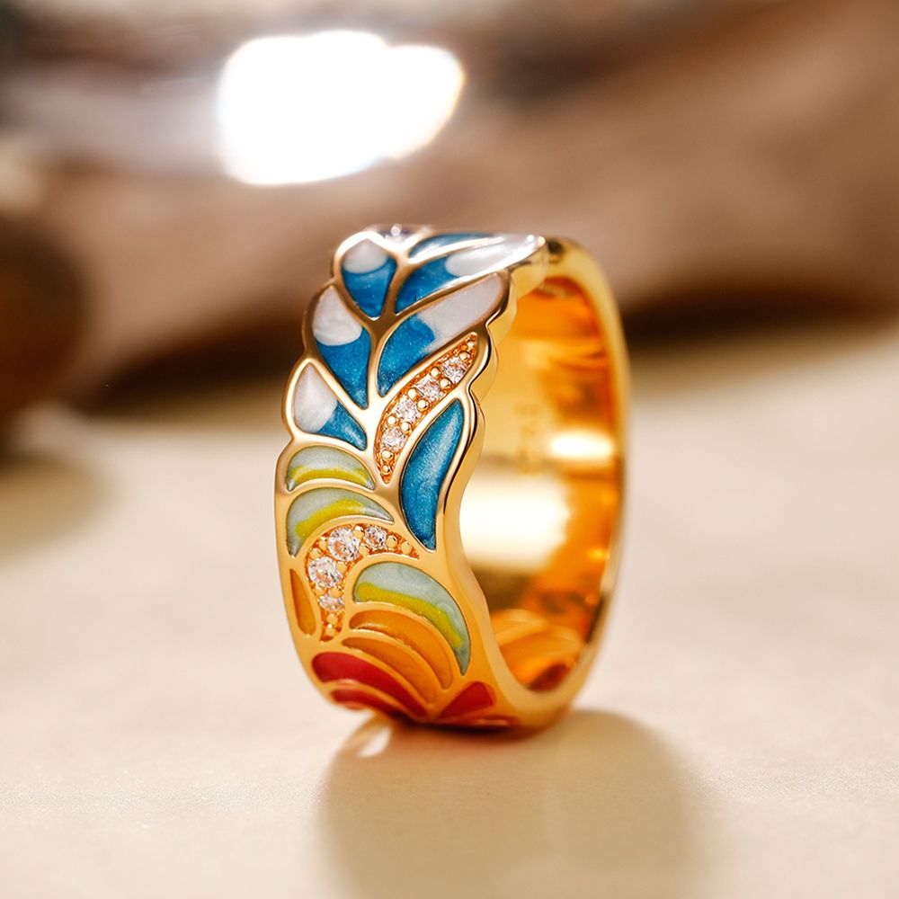Huitan Handmade Enamel Ring for Women Colorful Feather Pattern Gold
