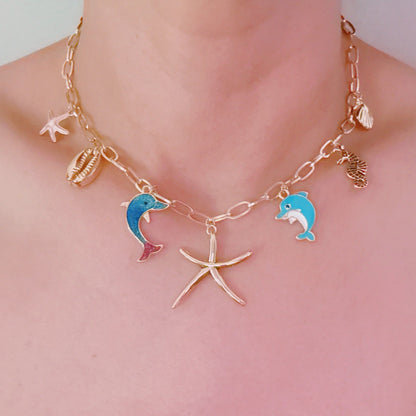 Ocean Play Charm Necklace – Dolphin, Starfish & Shell