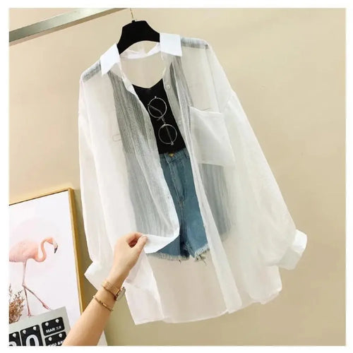 Summer Sunscreen Shirt Elegant Perspective Thin Chiffon Blouse Korean