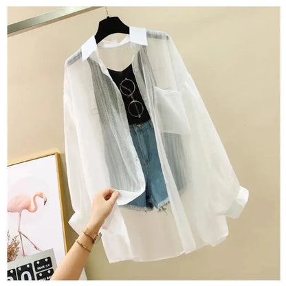 Summer Sunscreen Shirt Elegant Perspective Thin Chiffon Blouse Korean