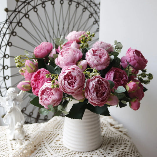 30cm Rose Pink Silk Peony Artificial Flowers Bouquet 5 Big Head and 4
