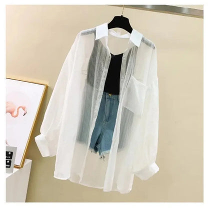 Summer Sunscreen Shirt Elegant Perspective Thin Chiffon Blouse Korean