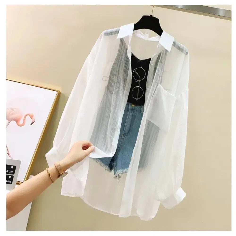 Summer Sunscreen Shirt Elegant Perspective Thin Chiffon Blouse Korean