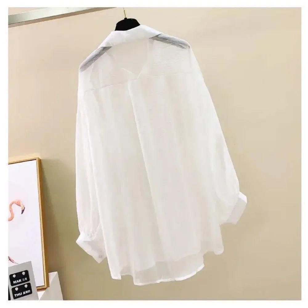 Summer Sunscreen Shirt Elegant Perspective Thin Chiffon Blouse Korean
