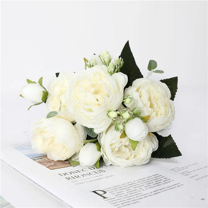 30cm Rose Pink Silk Peony Artificial Flowers Bouquet 5 Big Head and 4