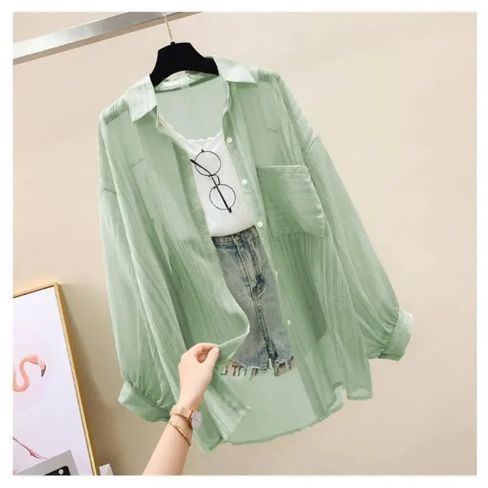 Summer Sunscreen Shirt Elegant Perspective Thin Chiffon Blouse Korean