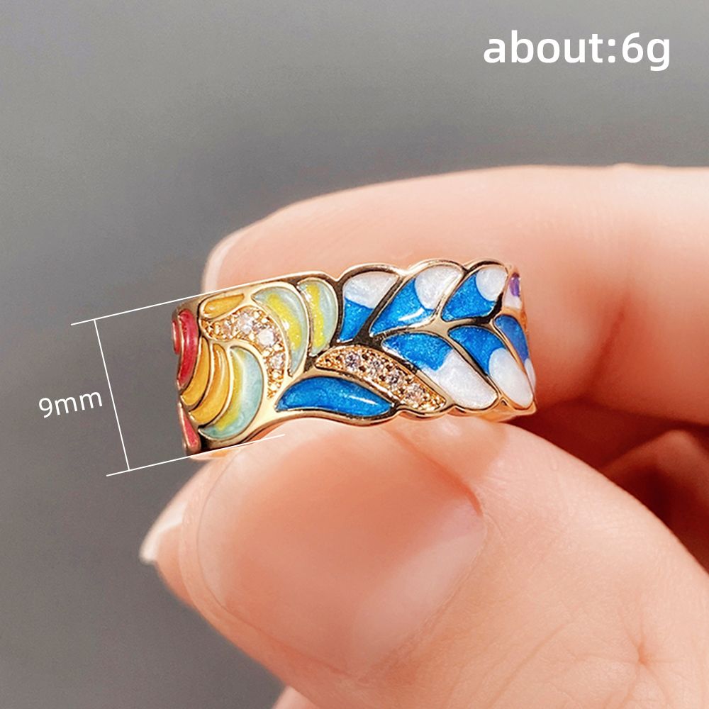 Huitan Handmade Enamel Ring for Women Colorful Feather Pattern Gold