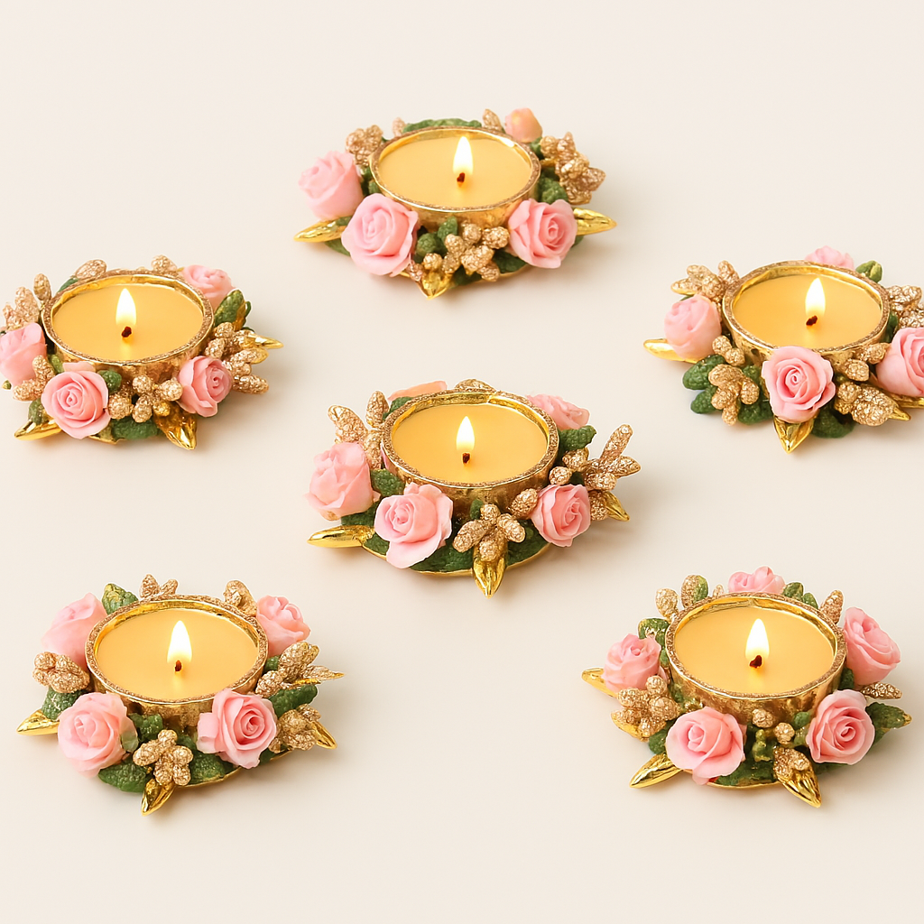 Decorative Tealight Candle Holders with Pink Roses & Gold Accents –